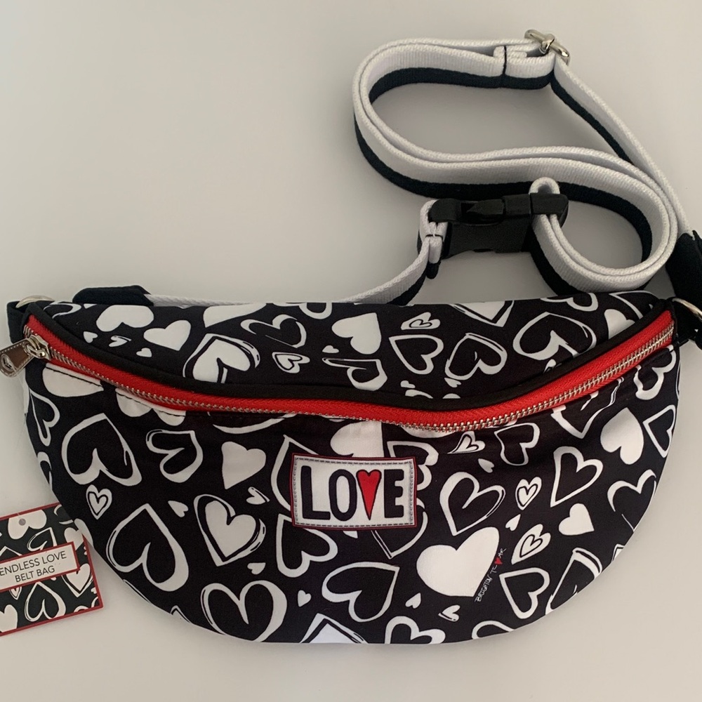 Brighton Black & White Heart Print Crossbody Belt Bag with Red Trim